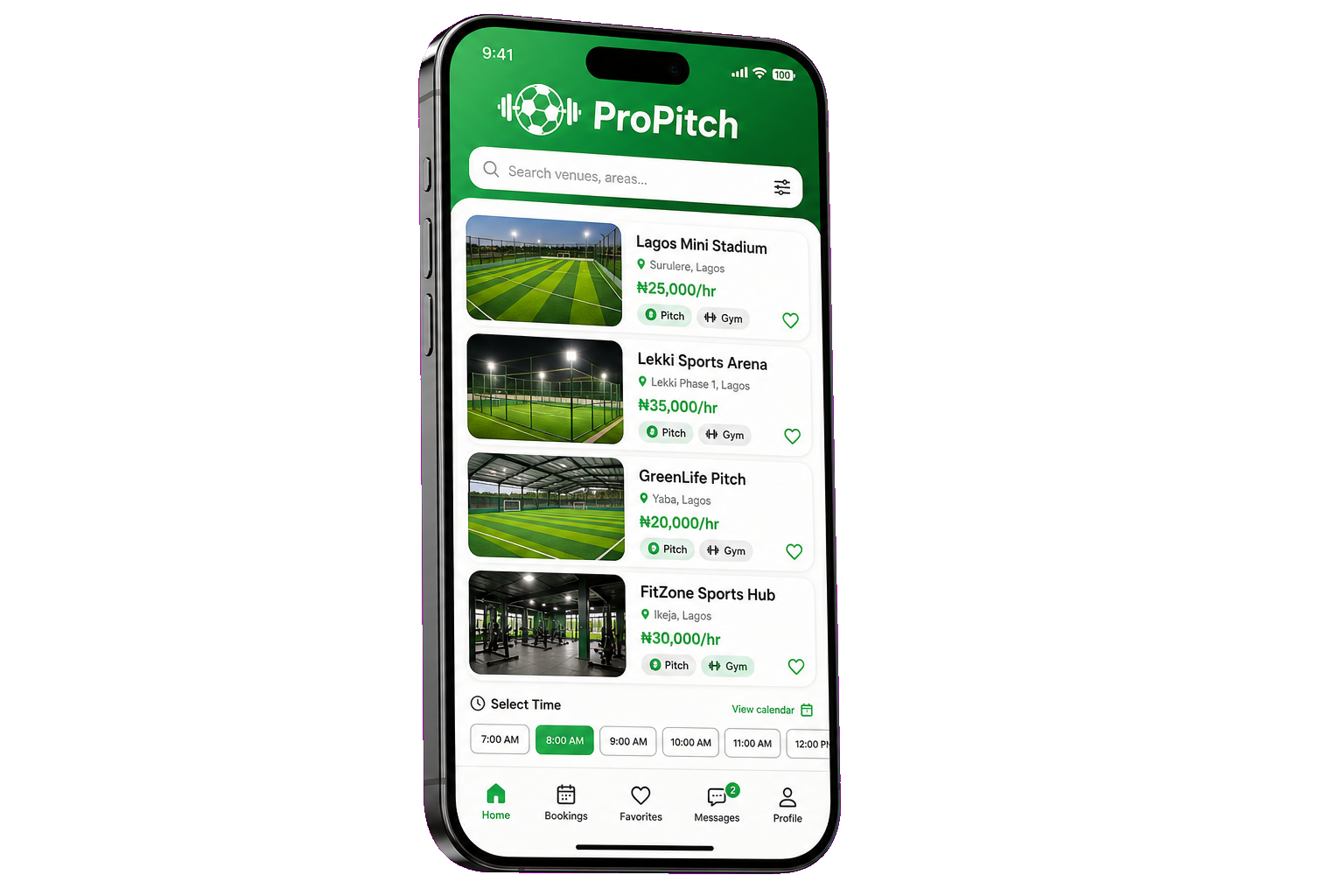 The ProPitch mobile app showing nearby pitches and bookable time slots